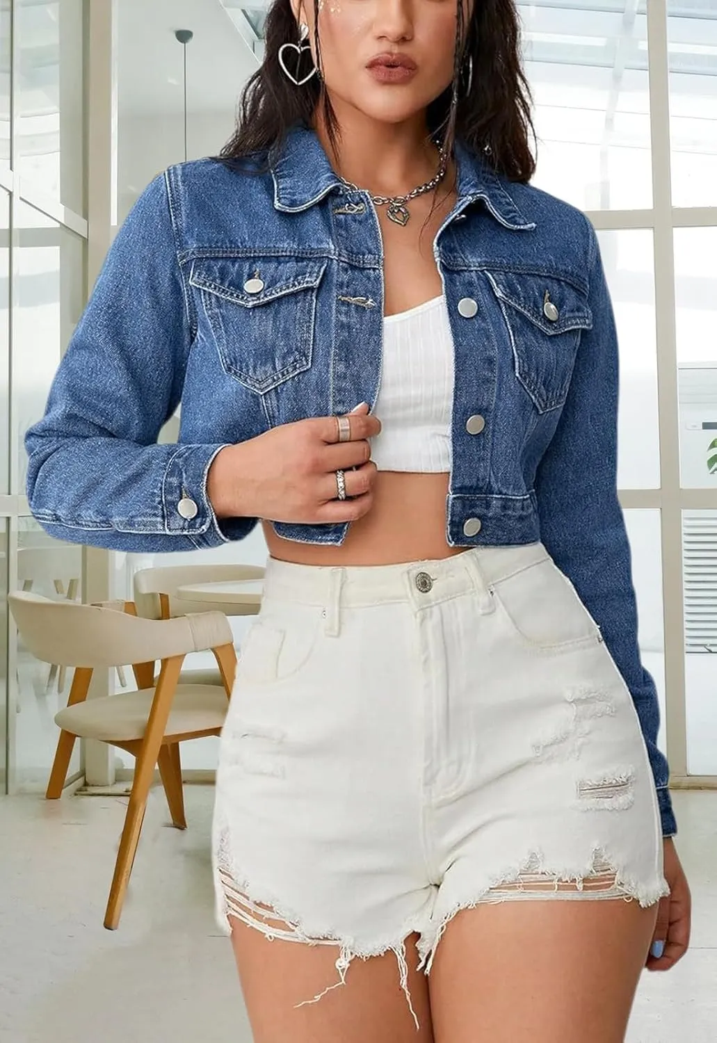 Cropped Jean Jacket for Women Long Sleeve Classic Casual Crop Top Denim Jackets Coat