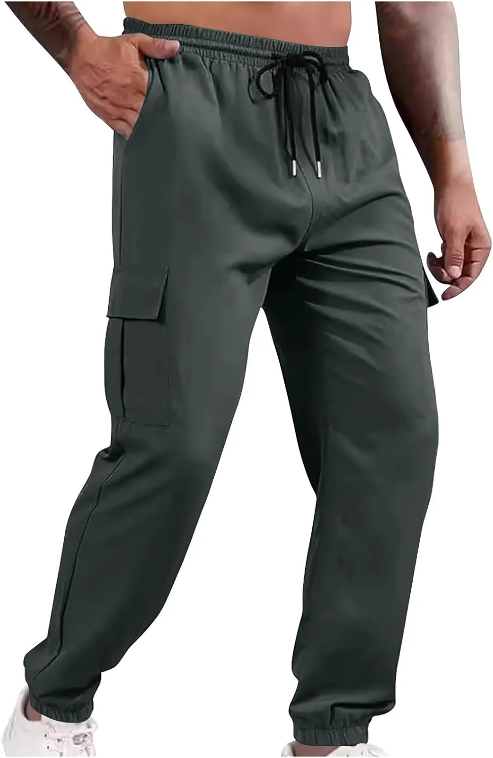 Dademeo Men's Cargo Pants with Multi Pockets Solid Color Drawstring Elastic Waist Casual Joggers Athletic Lounge Trousers