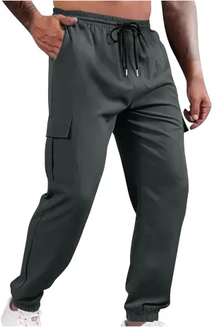 Dademeo Men's Cargo Pants with Multi Pockets Solid Color Drawstring Elastic Waist Casual Joggers Athletic Lounge Trousers