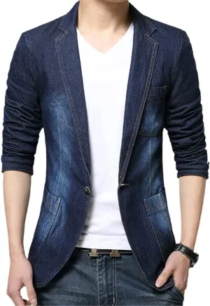 Denim Blazer Mens Slim Fit Jeans Blazer Suit Jacket Casual Single Button Coats