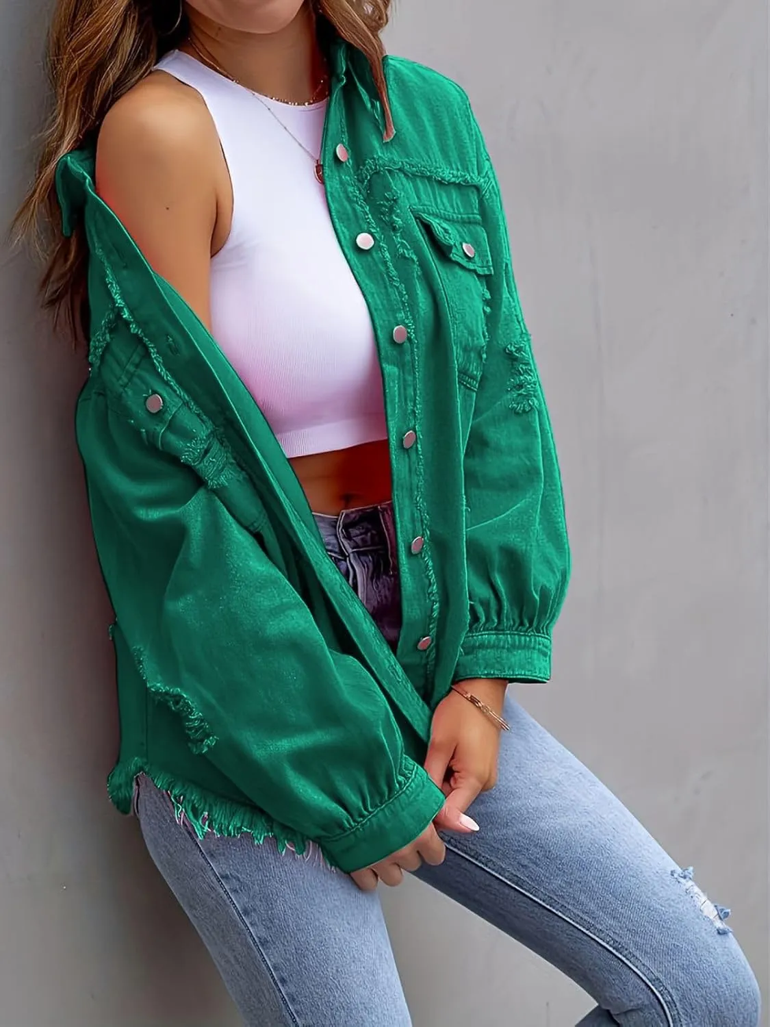Denim Jacket for Women 2024 Oversized Ripped Jean Jacket Boyfriend Button Down Shirt Frayed Denim Coat Shacket Jacket
