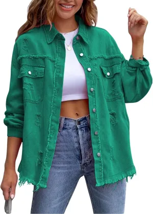 Denim Jacket for Women 2024 Oversized Ripped Jean Jacket Boyfriend Button Down Shirt Frayed Denim Coat Shacket Jacket
