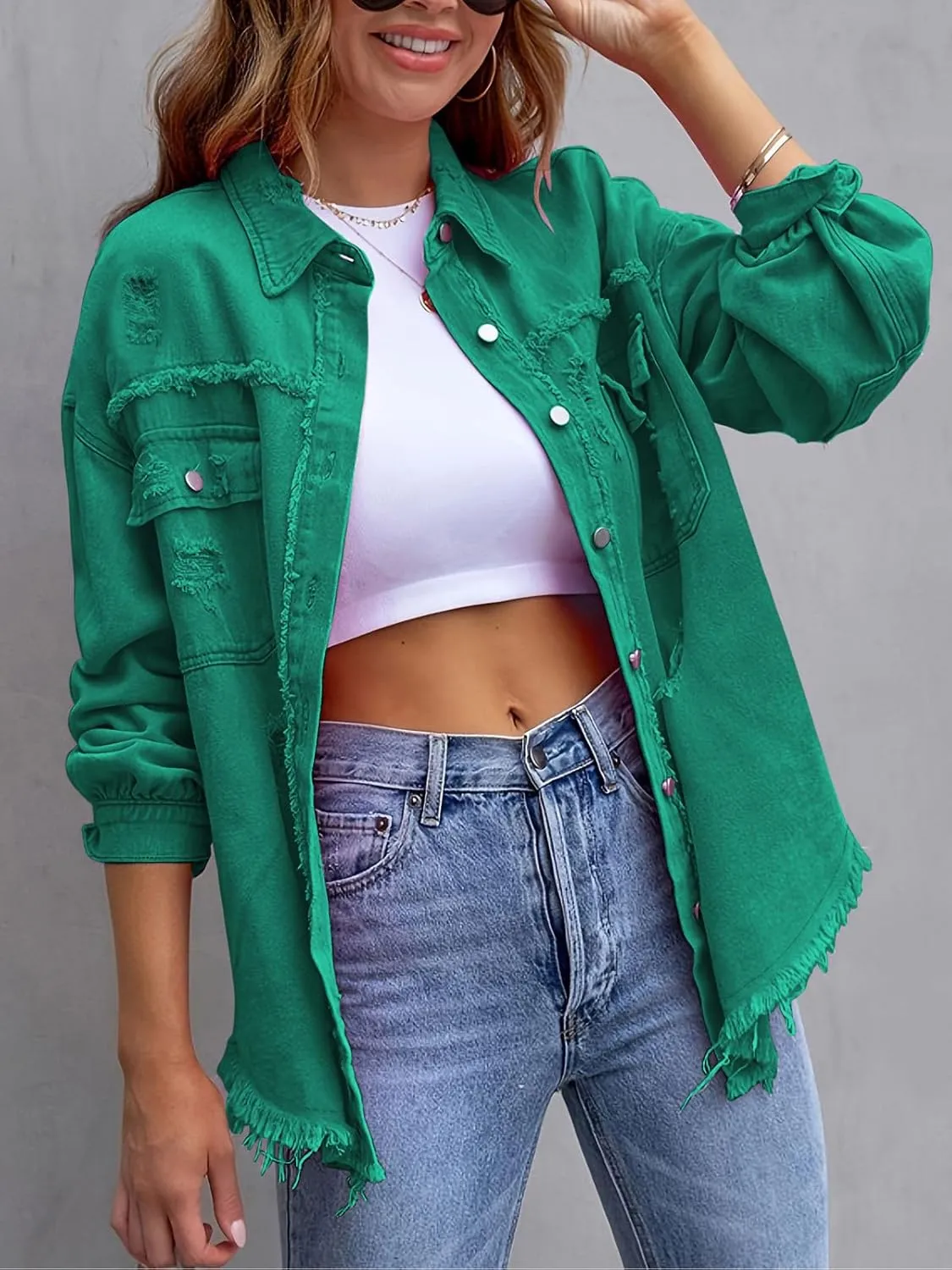 Denim Jacket for Women 2024 Oversized Ripped Jean Jacket Boyfriend Button Down Shirt Frayed Denim Coat Shacket Jacket
