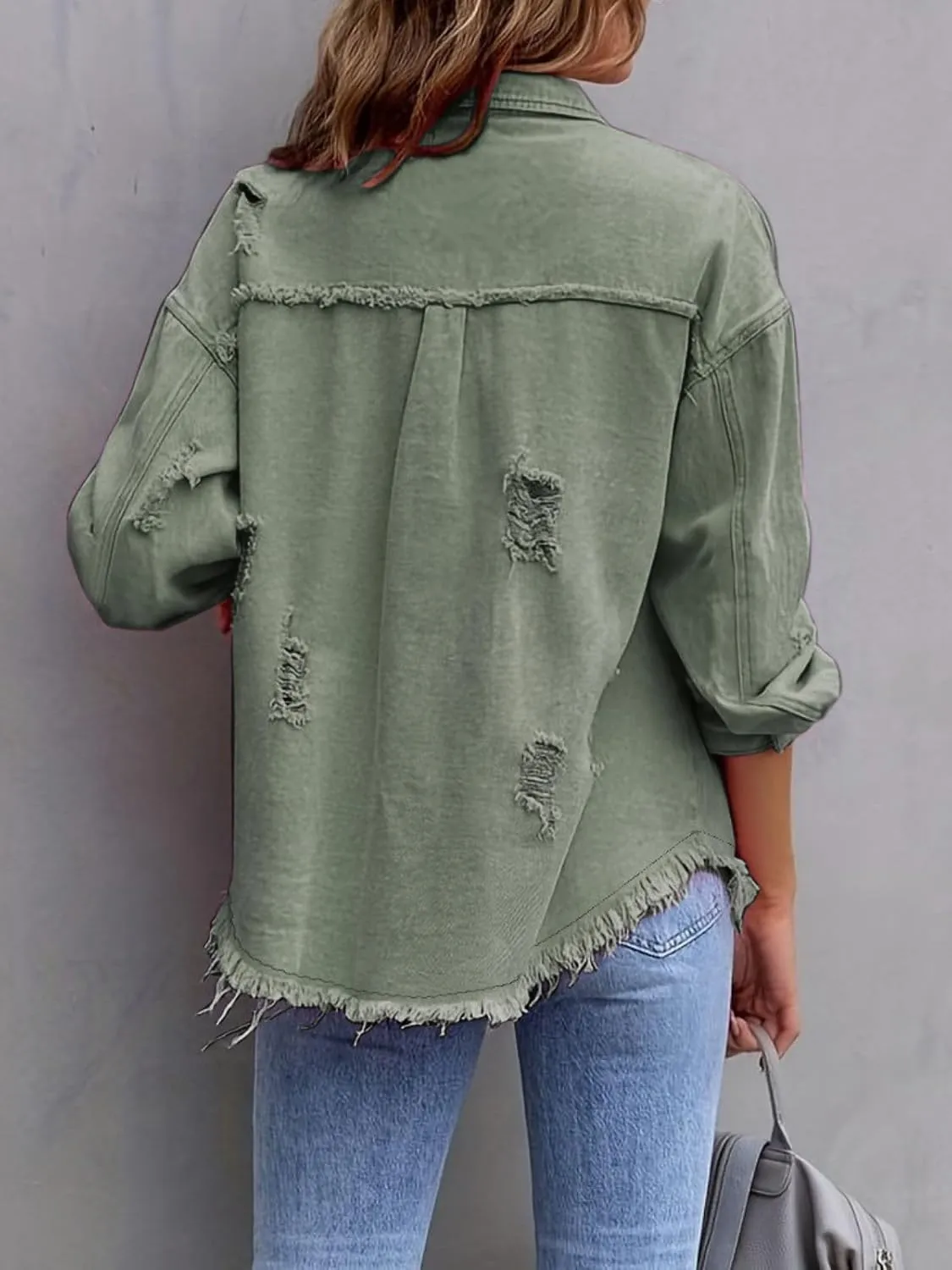 Denim Jacket for Women 2024 Oversized Ripped Jean Jacket Boyfriend Button Down Shirt Frayed Denim Coat Shacket Jacket