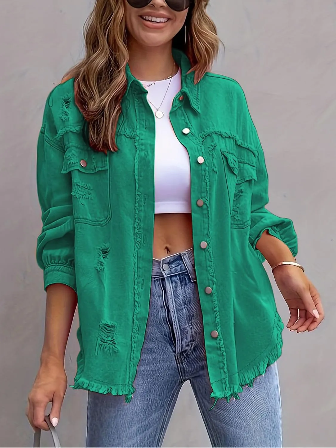 Denim Jacket for Women 2024 Oversized Ripped Jean Jacket Boyfriend Button Down Shirt Frayed Denim Coat Shacket Jacket