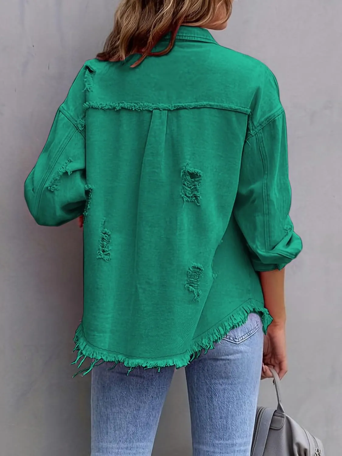 Denim Jacket for Women 2024 Oversized Ripped Jean Jacket Boyfriend Button Down Shirt Frayed Denim Coat Shacket Jacket