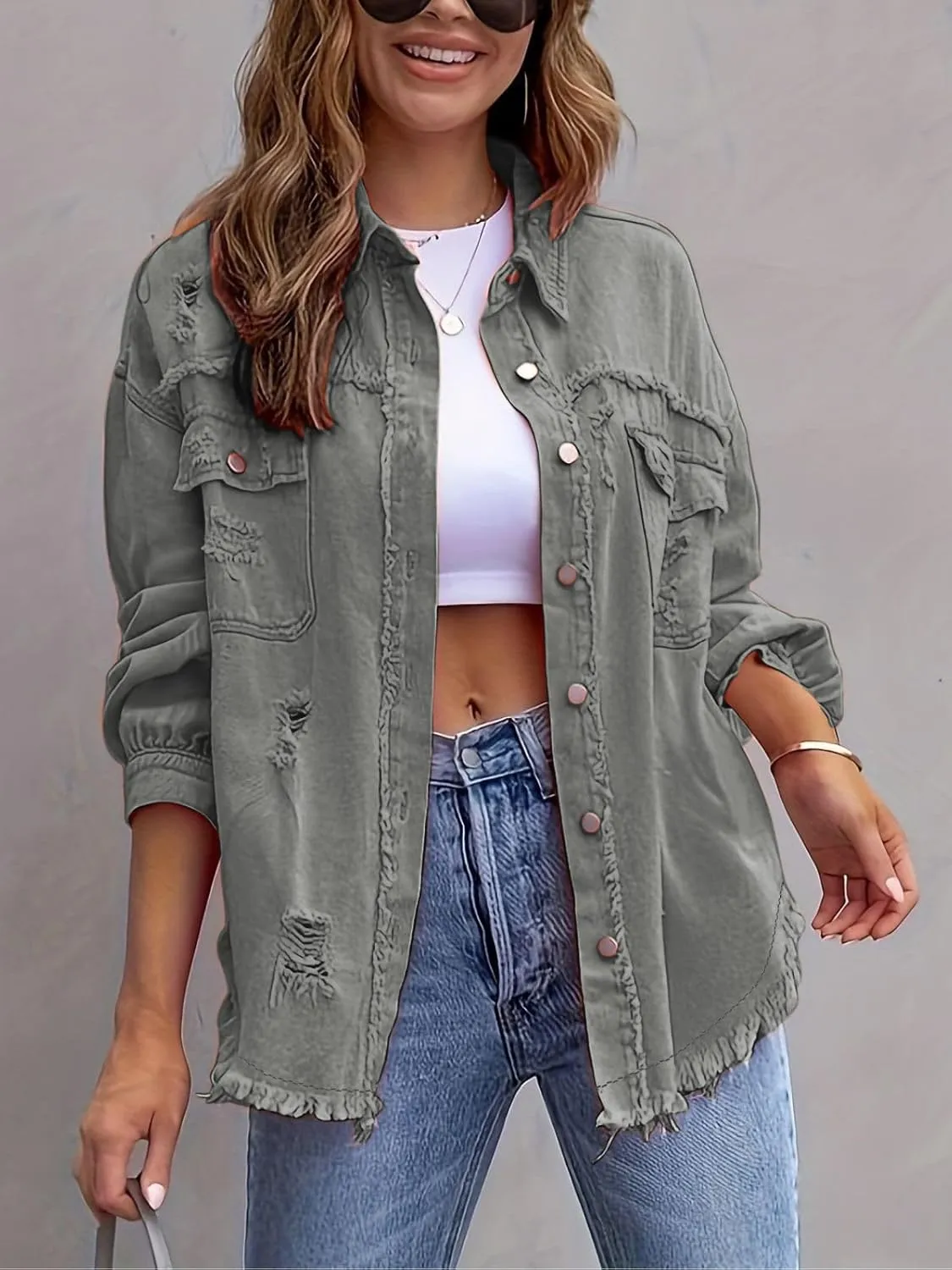 Denim Jacket for Women 2024 Oversized Ripped Jean Jacket Boyfriend Button Down Shirt Frayed Denim Coat Shacket Jacket