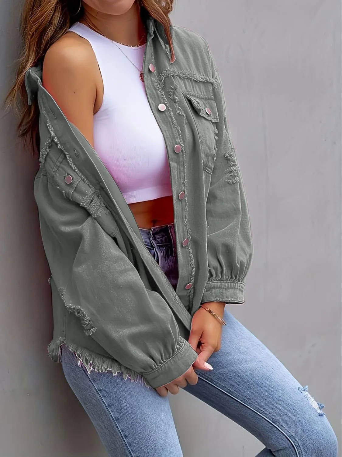 Denim Jacket for Women 2024 Oversized Ripped Jean Jacket Boyfriend Button Down Shirt Frayed Denim Coat Shacket Jacket