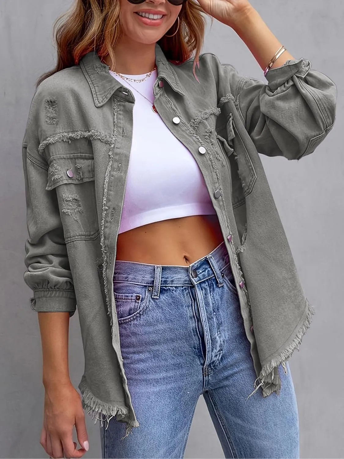 Denim Jacket for Women 2024 Oversized Ripped Jean Jacket Boyfriend Button Down Shirt Frayed Denim Coat Shacket Jacket