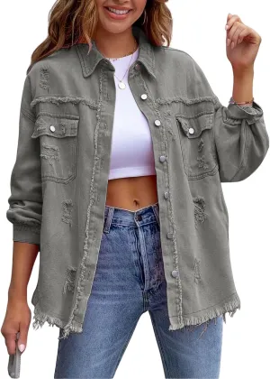 Denim Jacket for Women 2024 Oversized Ripped Jean Jacket Boyfriend Button Down Shirt Frayed Denim Coat Shacket Jacket