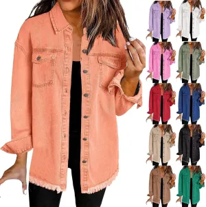 Denim Jacket for Women Oversized Button Up Jean Jacket Long Sleeve Frayed Hem Shacket Western Boyfriend Coats