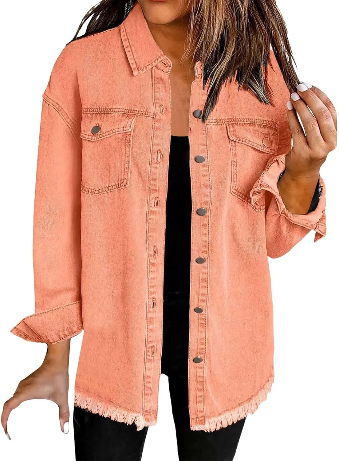 Denim Jacket for Women Oversized Button Up Jean Jacket Long Sleeve Frayed Hem Shacket Western Boyfriend Coats