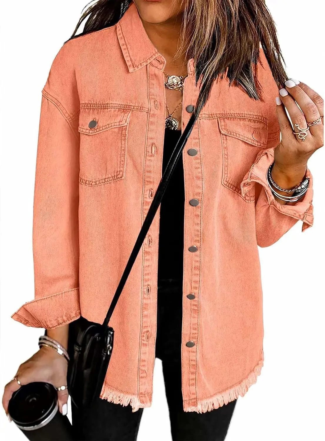 Denim Jacket for Women Oversized Button Up Jean Jacket Long Sleeve Frayed Hem Shacket Western Boyfriend Coats