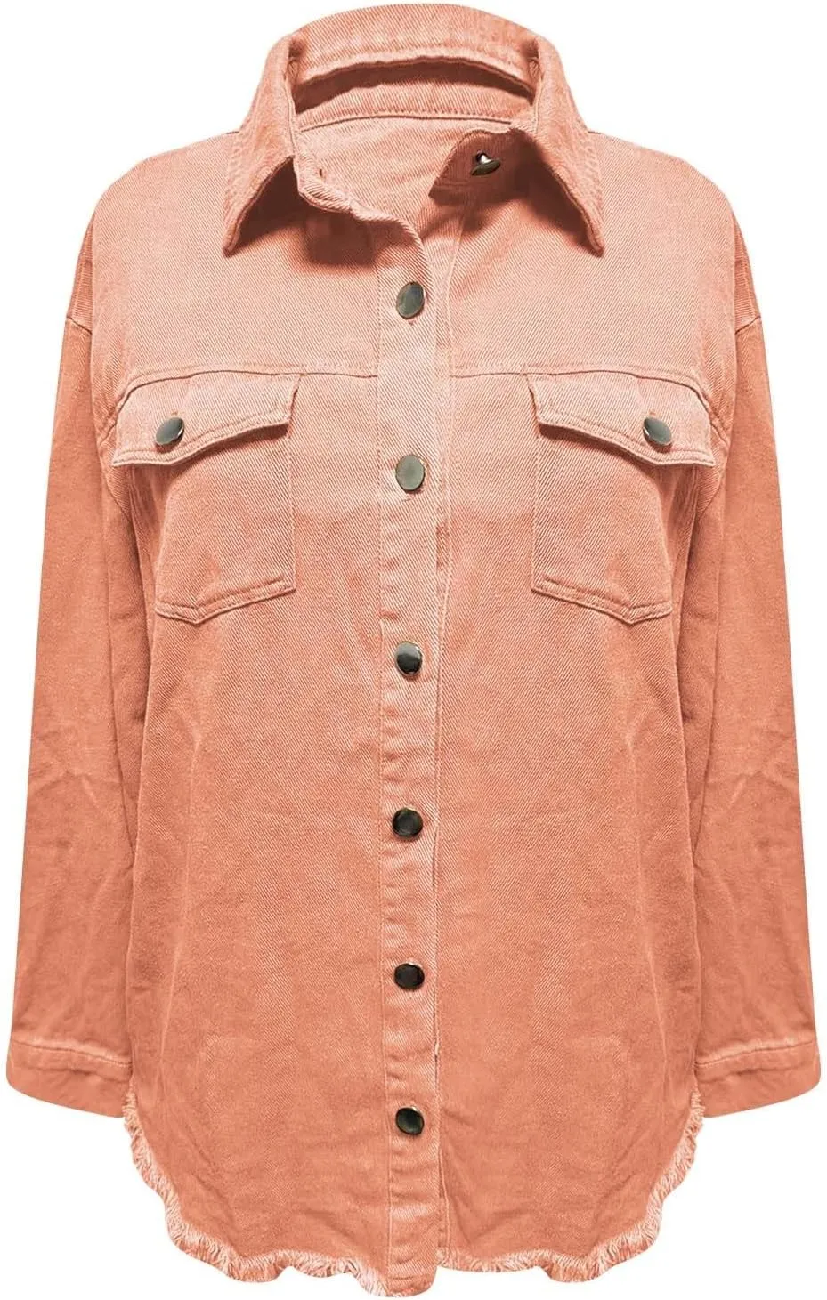 Denim Jacket for Women Oversized Button Up Jean Jacket Long Sleeve Frayed Hem Shacket Western Boyfriend Coats