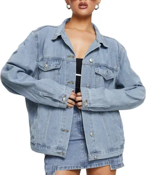 Dilgul Women's Casual Loose Oversized Long Sleeve Denim Jacket Button Jean Jacket Biker Coat