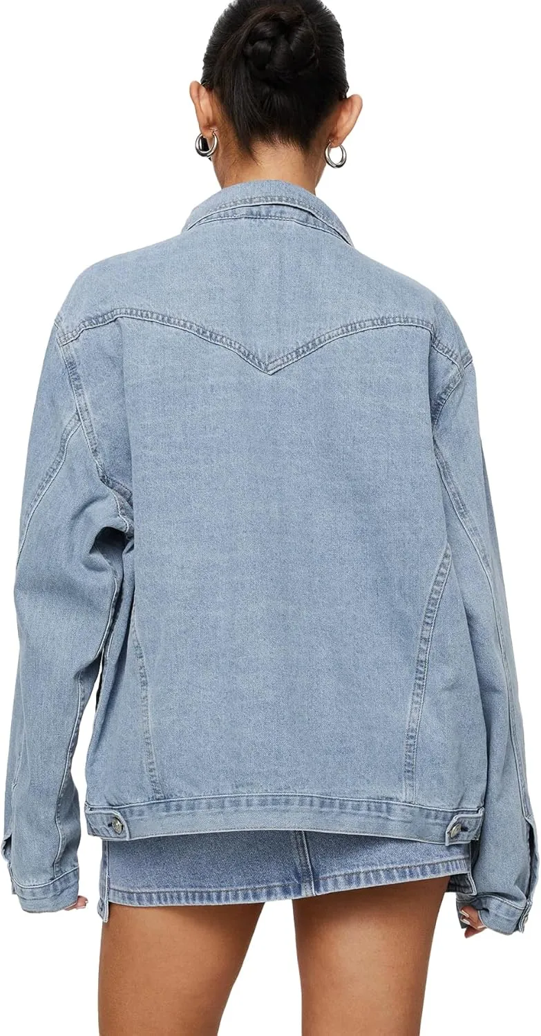 Dilgul Women's Casual Loose Oversized Long Sleeve Denim Jacket Button Jean Jacket Biker Coat