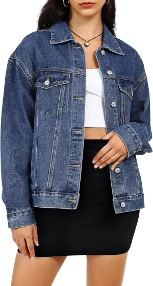Dilgul Women's Casual Loose Oversized Long Sleeve Denim Jacket Button Jean Jacket Biker Coat