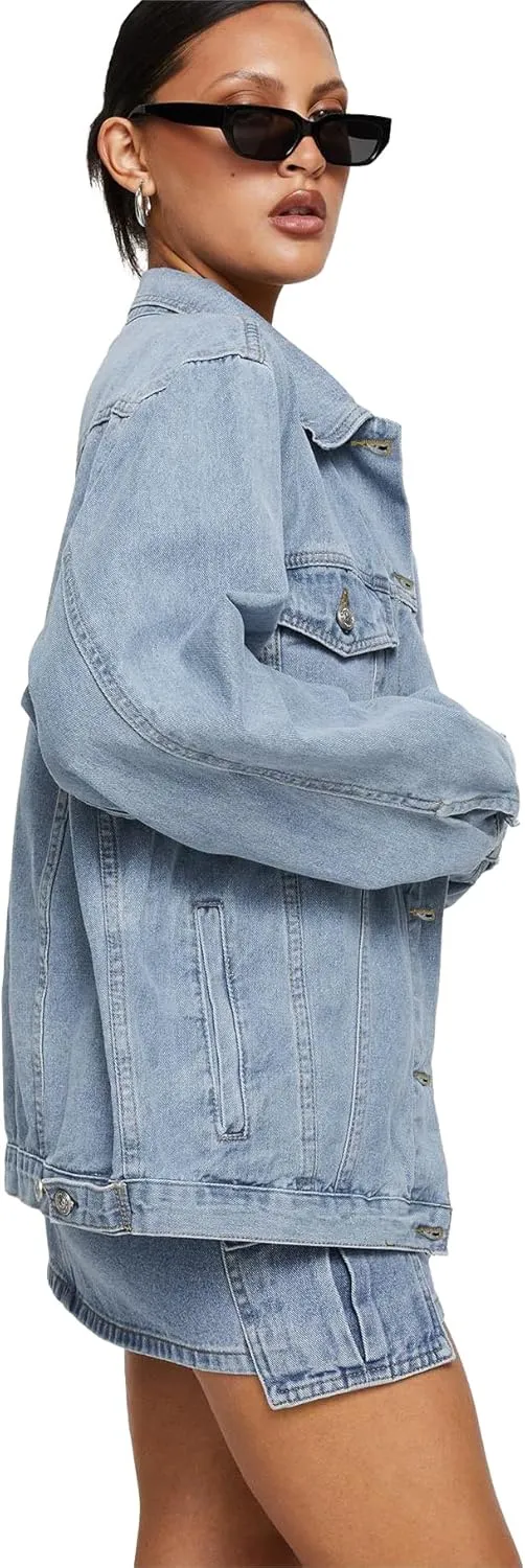 Dilgul Women's Casual Loose Oversized Long Sleeve Denim Jacket Button Jean Jacket Biker Coat