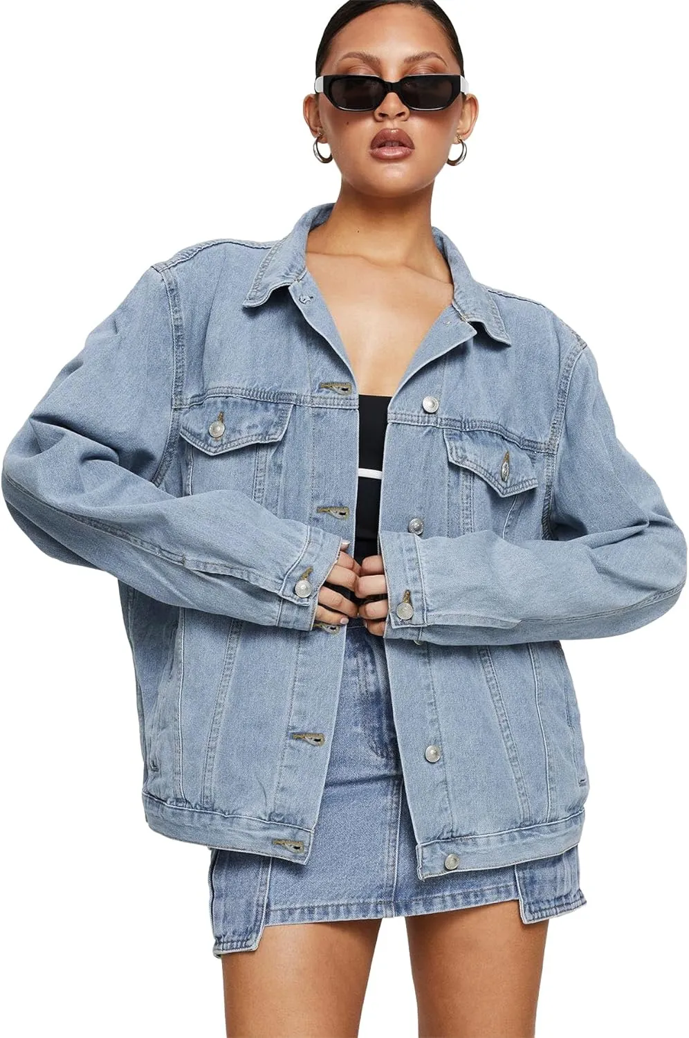 Dilgul Women's Casual Loose Oversized Long Sleeve Denim Jacket Button Jean Jacket Biker Coat