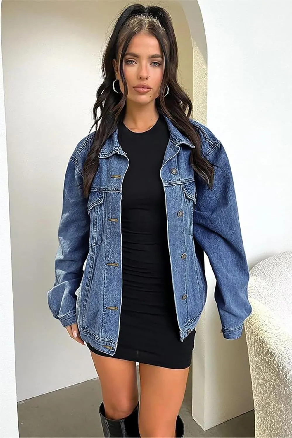Dilgul Women's Casual Loose Oversized Long Sleeve Denim Jacket Button Jean Jacket Biker Coat