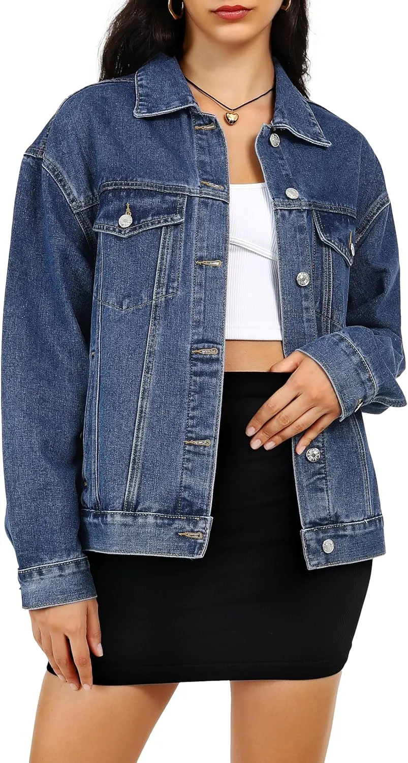 Dilgul Women's Casual Loose Oversized Long Sleeve Denim Jacket Button Jean Jacket Biker Coat