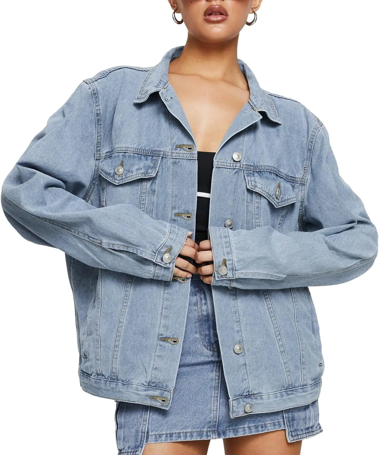 Dilgul Women's Casual Loose Oversized Long Sleeve Denim Jacket Button Jean Jacket Biker Coat