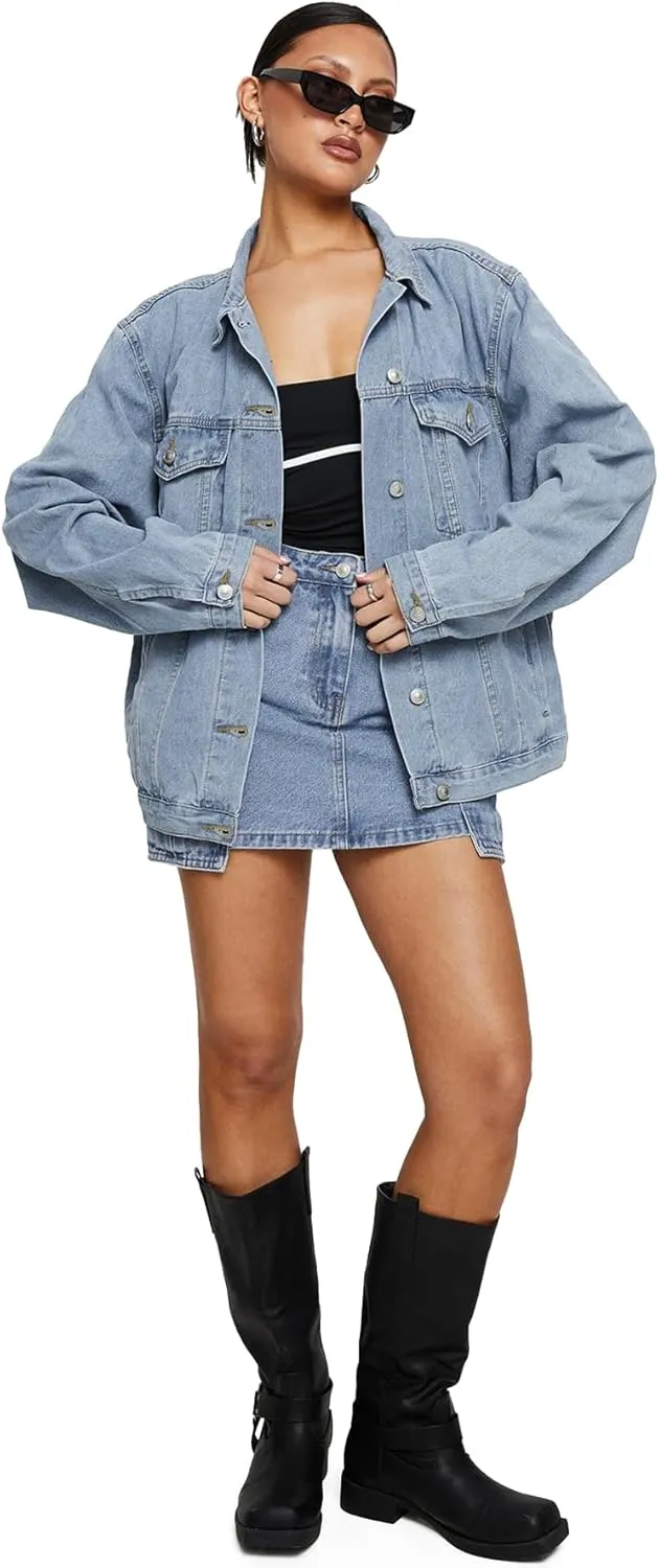 Dilgul Women's Casual Loose Oversized Long Sleeve Denim Jacket Button Jean Jacket Biker Coat