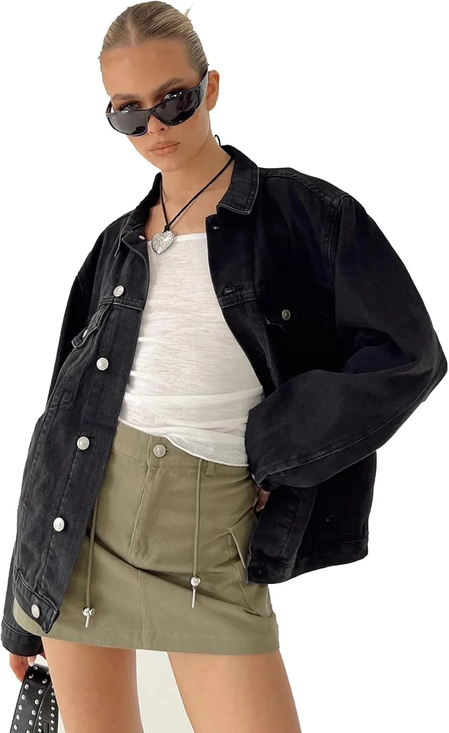 Dilgul Women's Casual Loose Oversized Long Sleeve Denim Jacket Button Jean Jacket Biker Coat