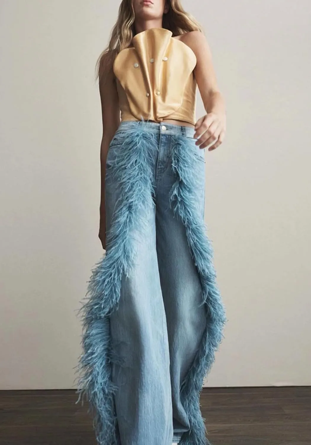 DINGANG Women's Casual High Waisted Straight Leg Jeans Feather-Trim Denim Baggy Stretchy Trousers Pants