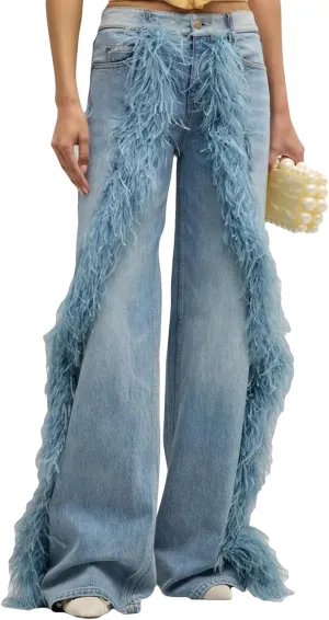 DINGANG Women's Casual High Waisted Straight Leg Jeans Feather-Trim Denim Baggy Stretchy Trousers Pants