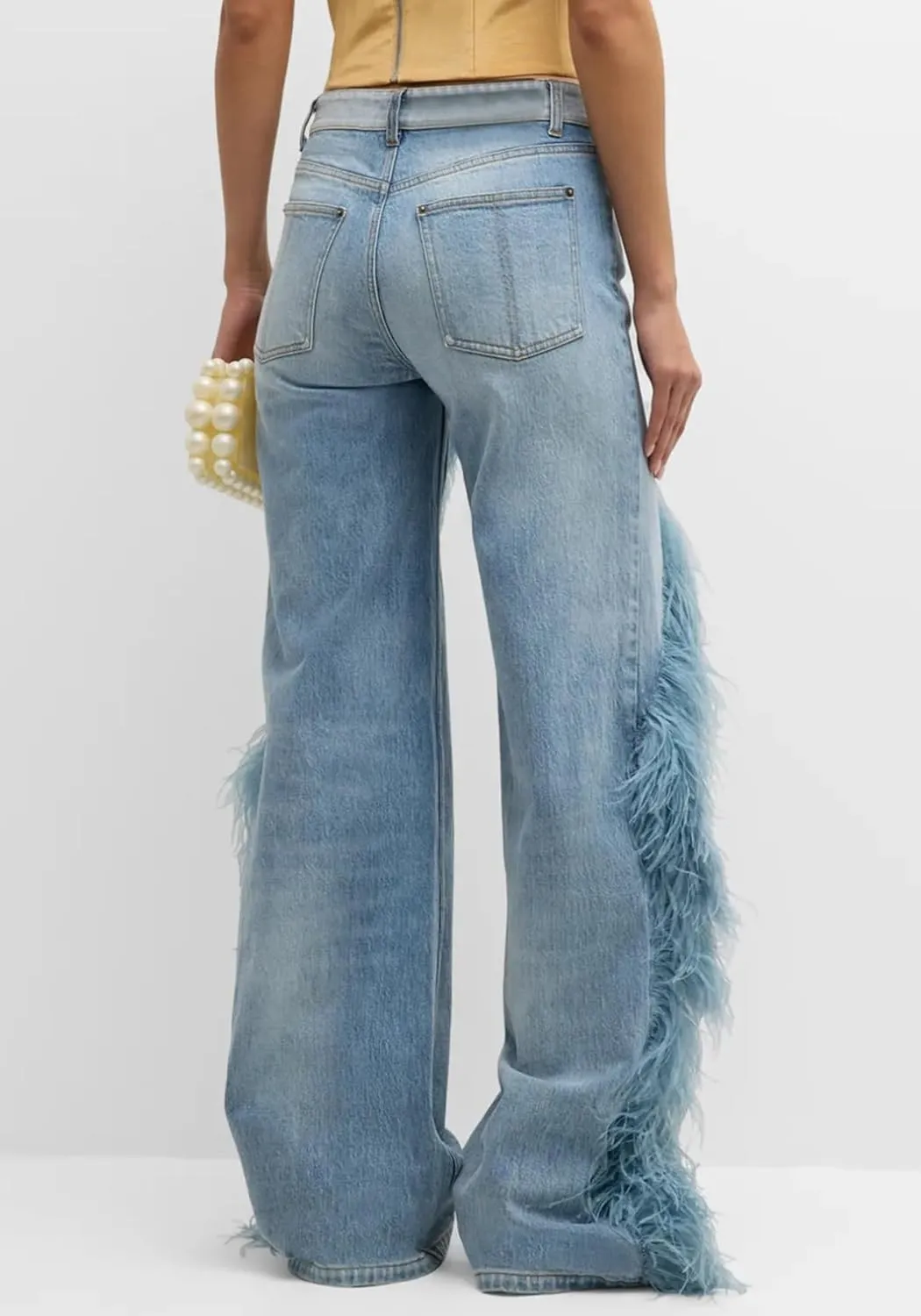 DINGANG Women's Casual High Waisted Straight Leg Jeans Feather-Trim Denim Baggy Stretchy Trousers Pants