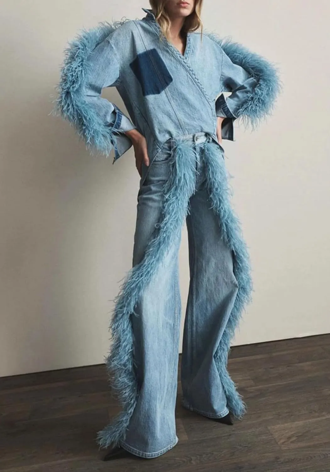 DINGANG Women's Casual High Waisted Straight Leg Jeans Feather-Trim Denim Baggy Stretchy Trousers Pants