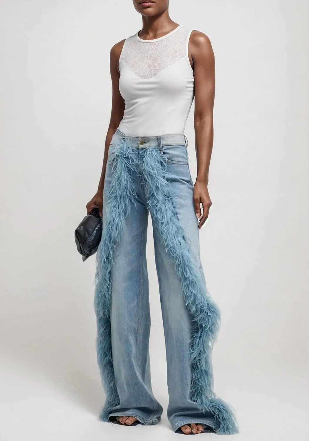 DINGANG Women's Casual High Waisted Straight Leg Jeans Feather-Trim Denim Baggy Stretchy Trousers Pants