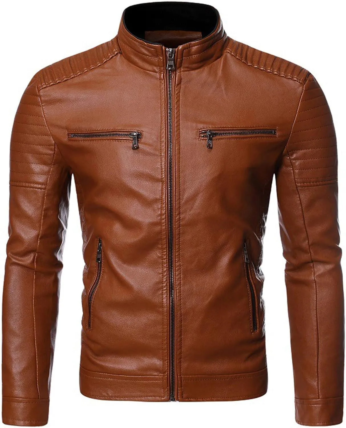 DuDubaby Winter Men's Casual Stand Collar Leather Jacket Coat