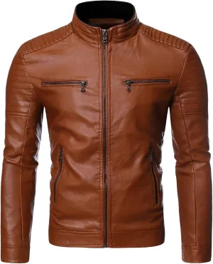 DuDubaby Winter Men's Casual Stand Collar Leather Jacket Coat