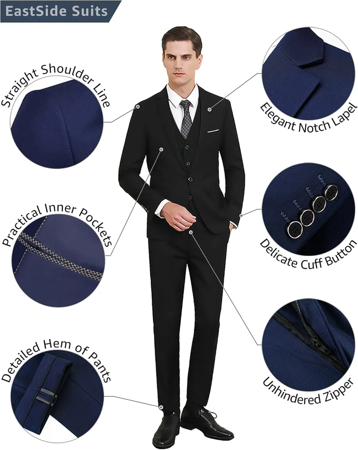 EastSide Men's Slim Fit 3 Pieces Suit, One Button Blazer Set, Jacket Vest & Pants
