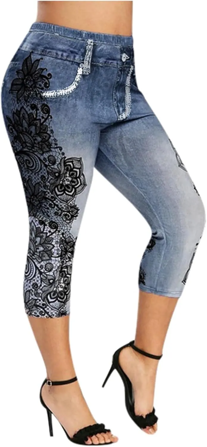 Faux Denim Leggings for Women Plus Size High Waisted Yoga Pants Capri Jeggings Short Tights Stretch Denim Jeans