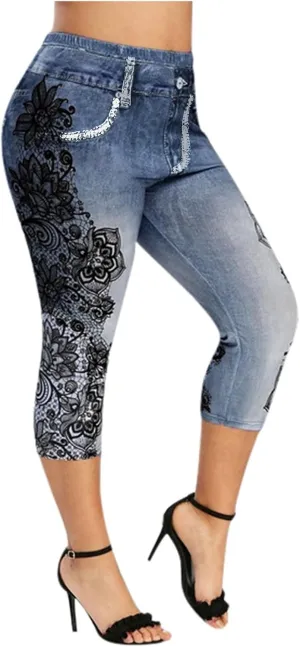 Faux Denim Leggings for Women Plus Size High Waisted Yoga Pants Capri Jeggings Short Tights Stretch Denim Jeans