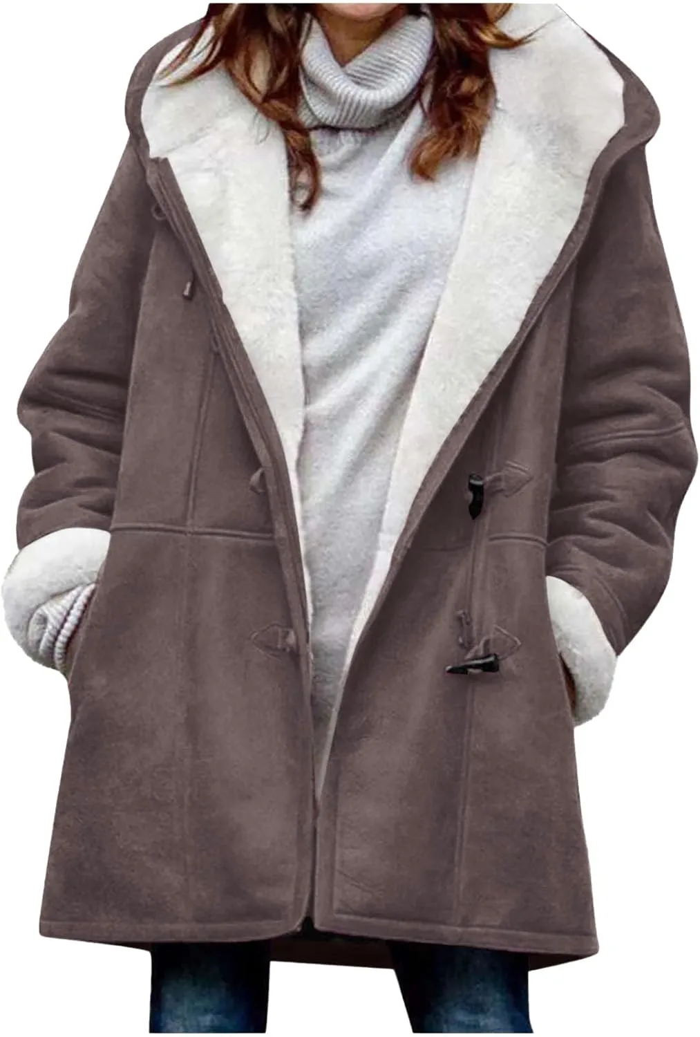 Faux Suede Jacket Women Sherpa Fleece Lined Coats Horn Button Down Thicken Coat Casual Loose Fit Outerwear
