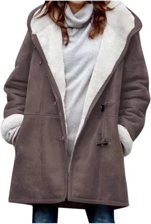 Faux Suede Jacket Women Sherpa Fleece Lined Coats Horn Button Down Thicken Coat Casual Loose Fit Outerwear