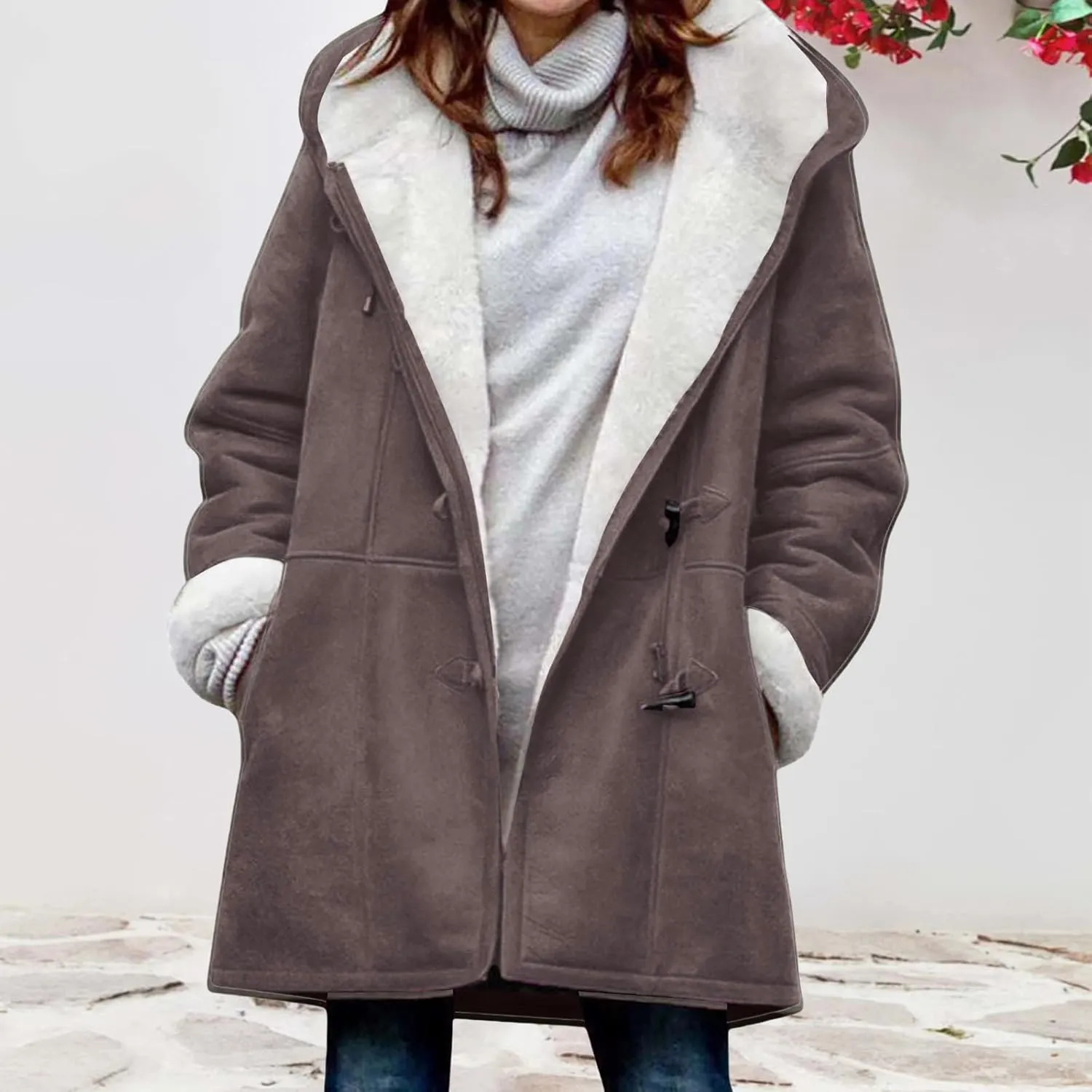 Faux Suede Jacket Women Sherpa Fleece Lined Coats Horn Button Down Thicken Coat Casual Loose Fit Outerwear