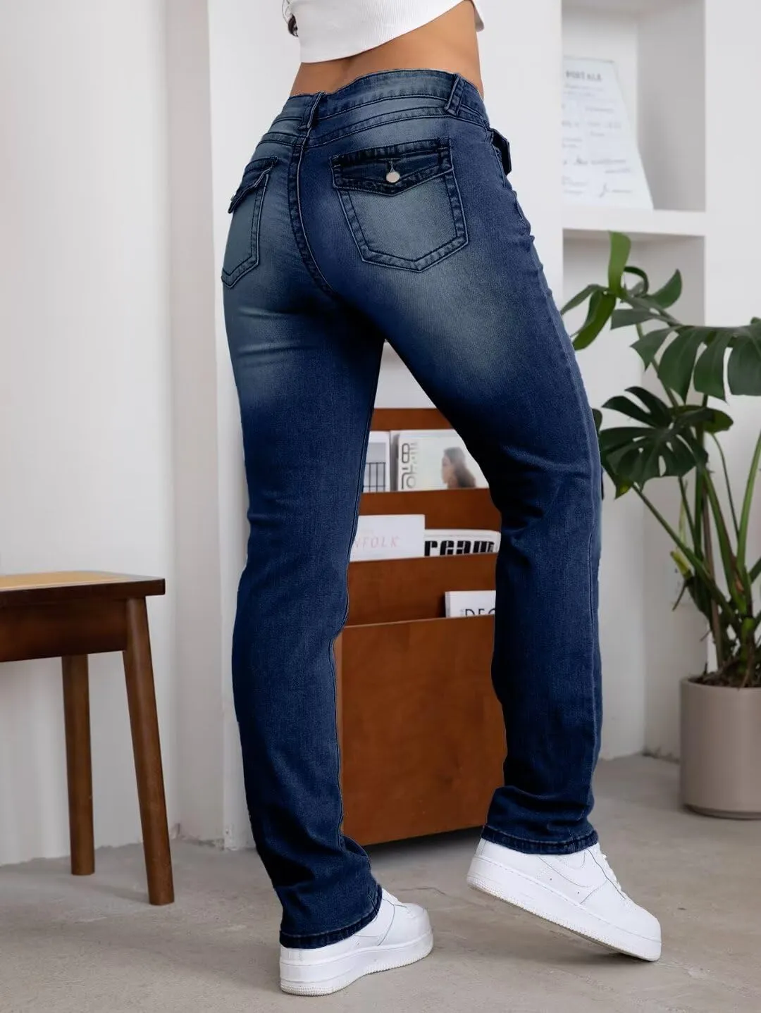 Flamingals Straight Leg Jeans for Women Stretchy Mid Waist Double Button Wash Solid Skinny Jean