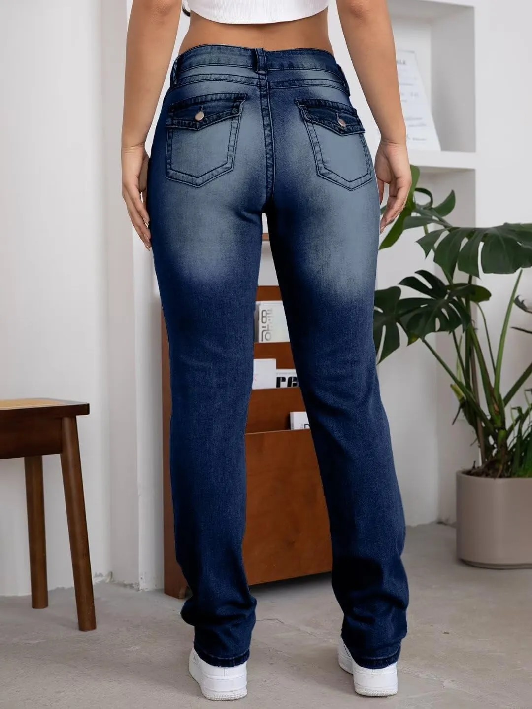 Flamingals Straight Leg Jeans for Women Stretchy Mid Waist Double Button Wash Solid Skinny Jean