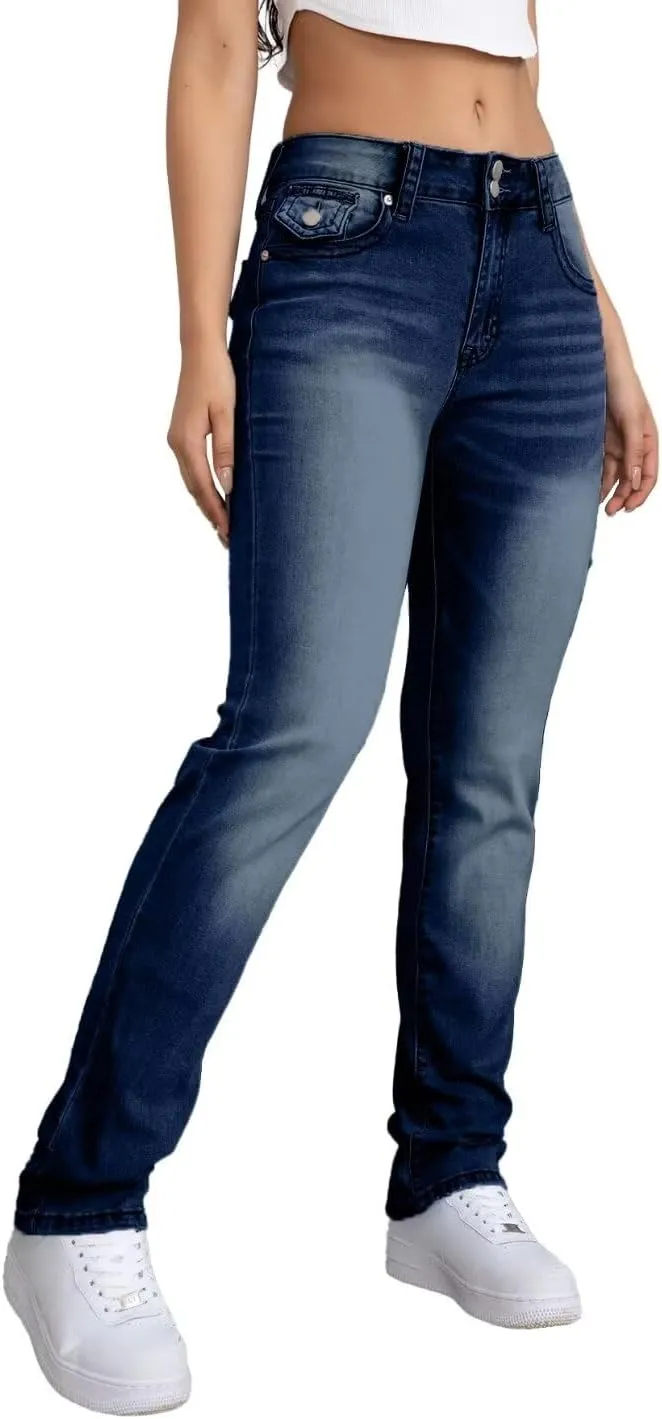 Flamingals Straight Leg Jeans for Women Stretchy Mid Waist Double Button Wash Solid Skinny Jean