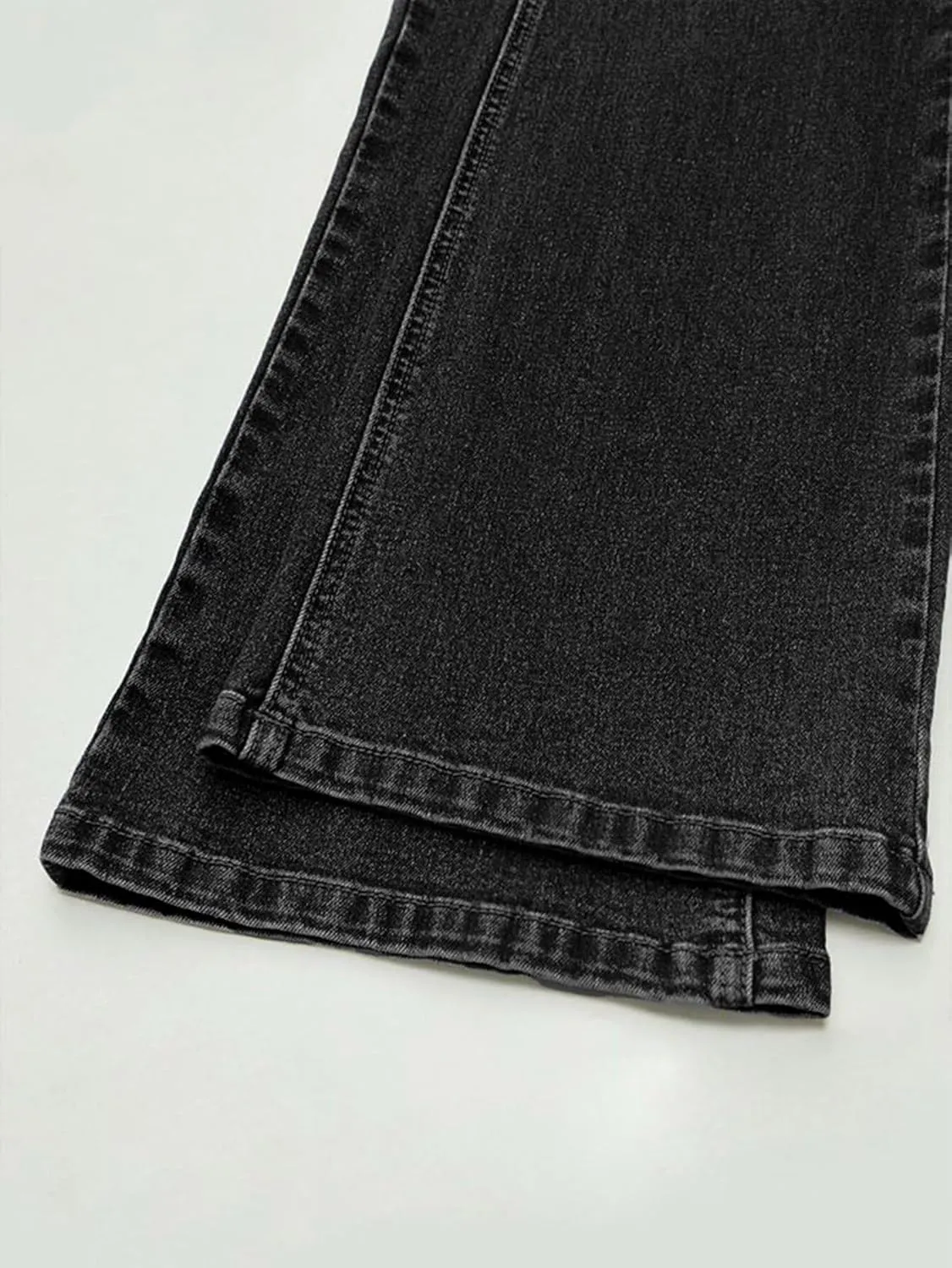 Flamingals Straight Leg Jeans for Women Stretchy Mid Waist Double Button Wash Solid Skinny Jean