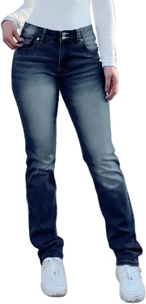 Flamingals Straight Leg Jeans for Women Stretchy Mid Waist Double Button Wash Solid Skinny Jean