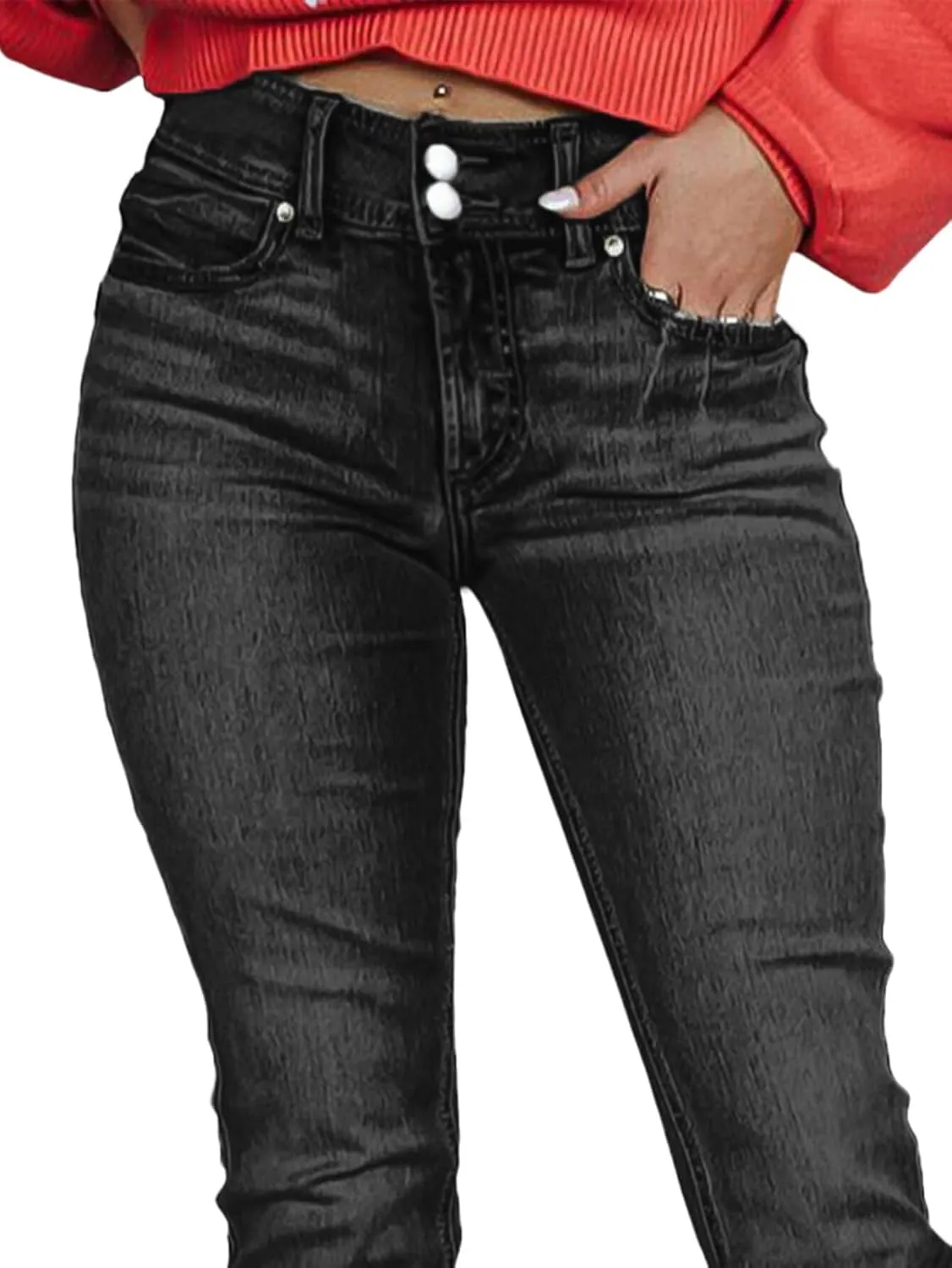 Flamingals Straight Leg Jeans for Women Stretchy Mid Waist Double Button Wash Solid Skinny Jean