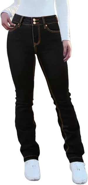 Flamingals Straight Leg Jeans for Women Stretchy Mid Waist Double Button Wash Solid Skinny Jean
