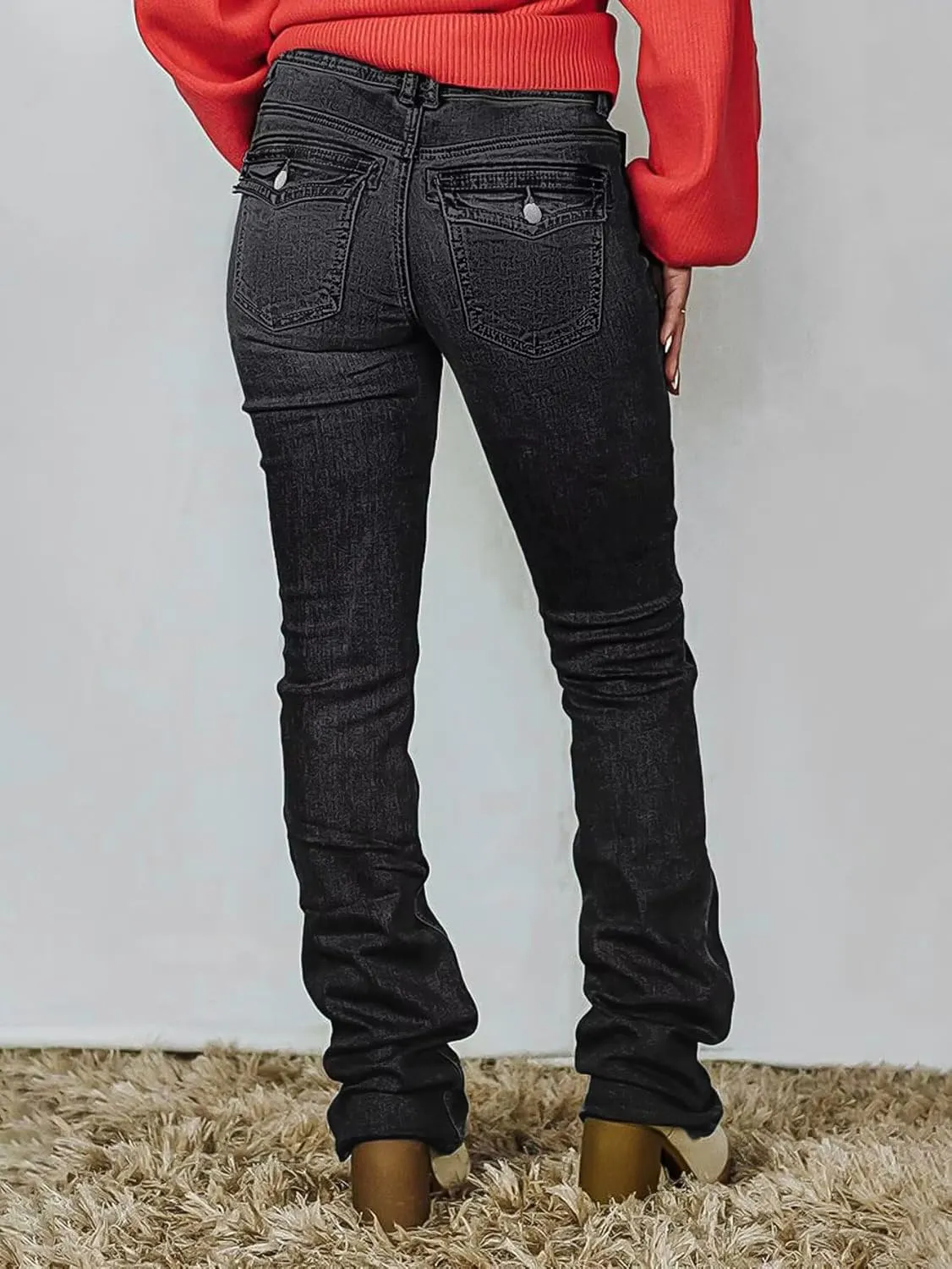 Flamingals Straight Leg Jeans for Women Stretchy Mid Waist Double Button Wash Solid Skinny Jean
