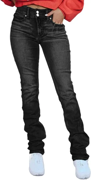 Flamingals Straight Leg Jeans for Women Stretchy Mid Waist Double Button Wash Solid Skinny Jean